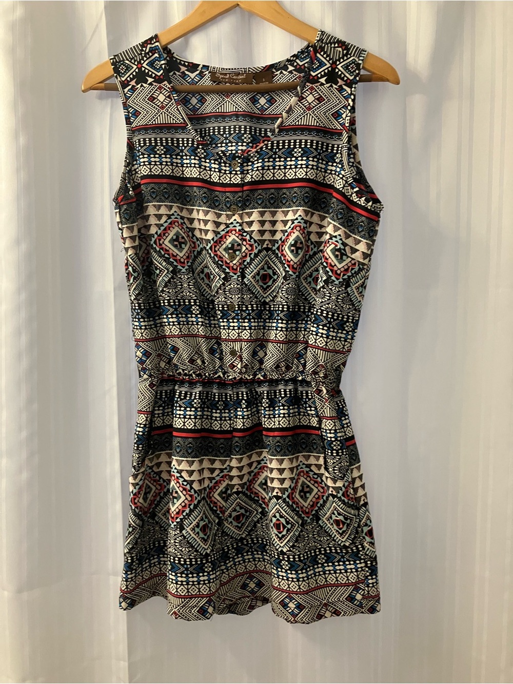 Speed Control Sleeveless Romper with Geometric Print in Navy, Cream, Red, & Blue